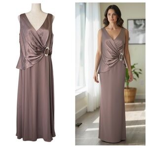 Patra satin long gown with rhinestone broach at waist
